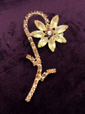 Midcentury Rhinestone Flower Brooch With Hinged Stem